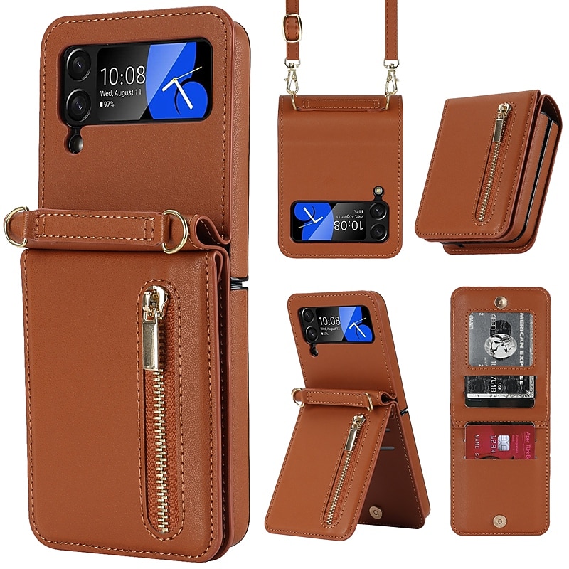 Phone Case For Samsung Galaxy Z Flip 7 Z Flip 6 Z Flip 5 Z Flip 4 Z Flip 3 Handbag Purse Wallet Case Zipper with Removable Cross Body Strap With Card Holder Solid Color PC PU Leather