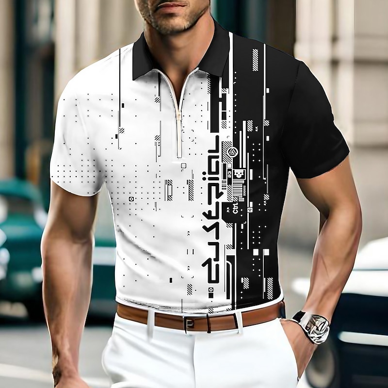 Men's Geometric Zip Polo Shirts Golf Shirt Short Sleeve Polo Shirts Collared Shirts Casual Vacation Wear Formal Wear Festival Wear 3D Print Quarter Zip Polo Blue-Green White Blue