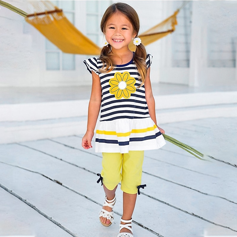 Girls' 3D Striped Solid Colored Clothing Set Short Sleeve Summer Spring Active Toddler Daily Holiday