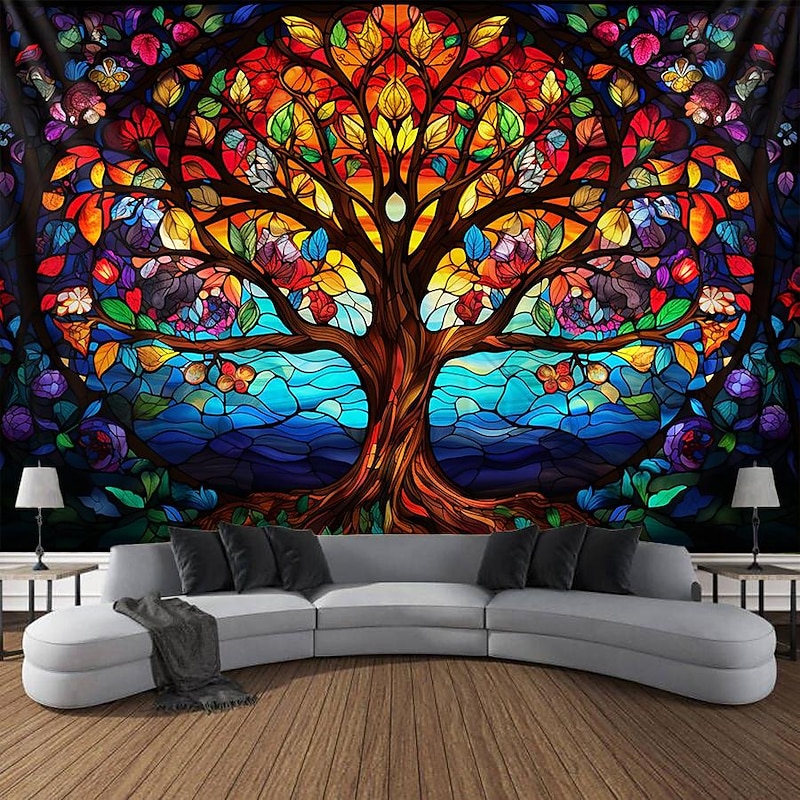 L.T.HOME Tree of Life Hanging Tapestry Stained Glass Colorful Wall Art Large Tapestry Mural Decor Photograph Backdrop Blanket Curtain Home Bedroom Living Room Decoration2