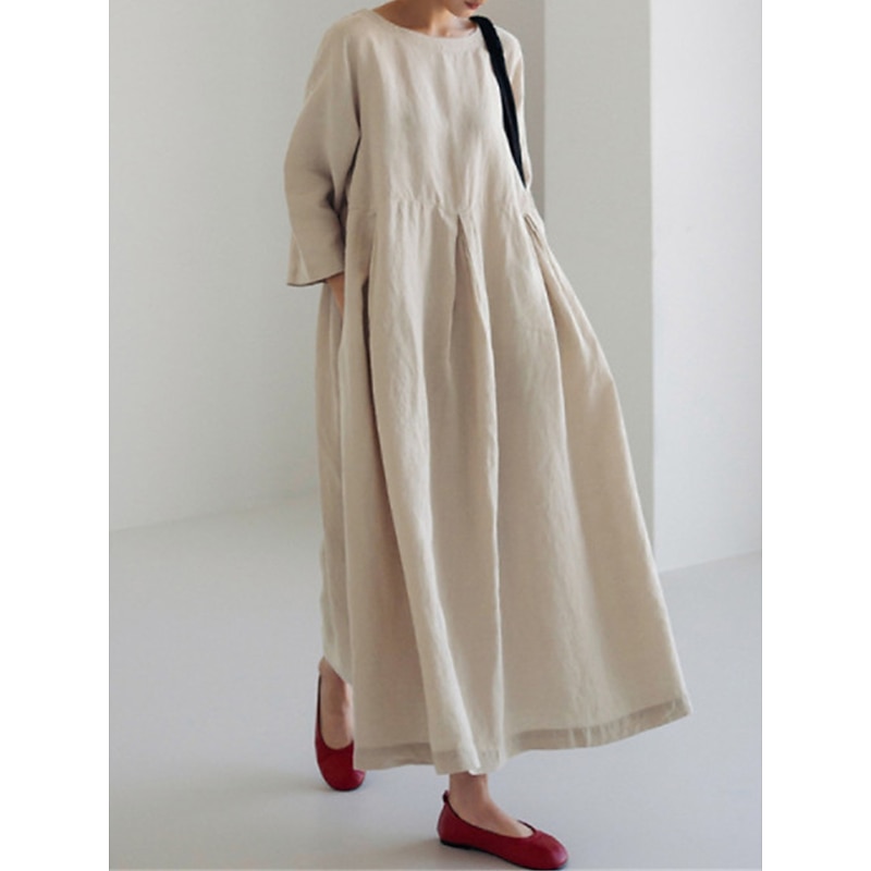 Women's ArmyGreen Black Yellow Summer Spring Fall Maxi Dress Cotton Linen Dresses Casual Dress Cotton Summer Dress Casual Daily Casual Street Style Outdoor Vacation Daily Loose Fit Plain Crew Neck4