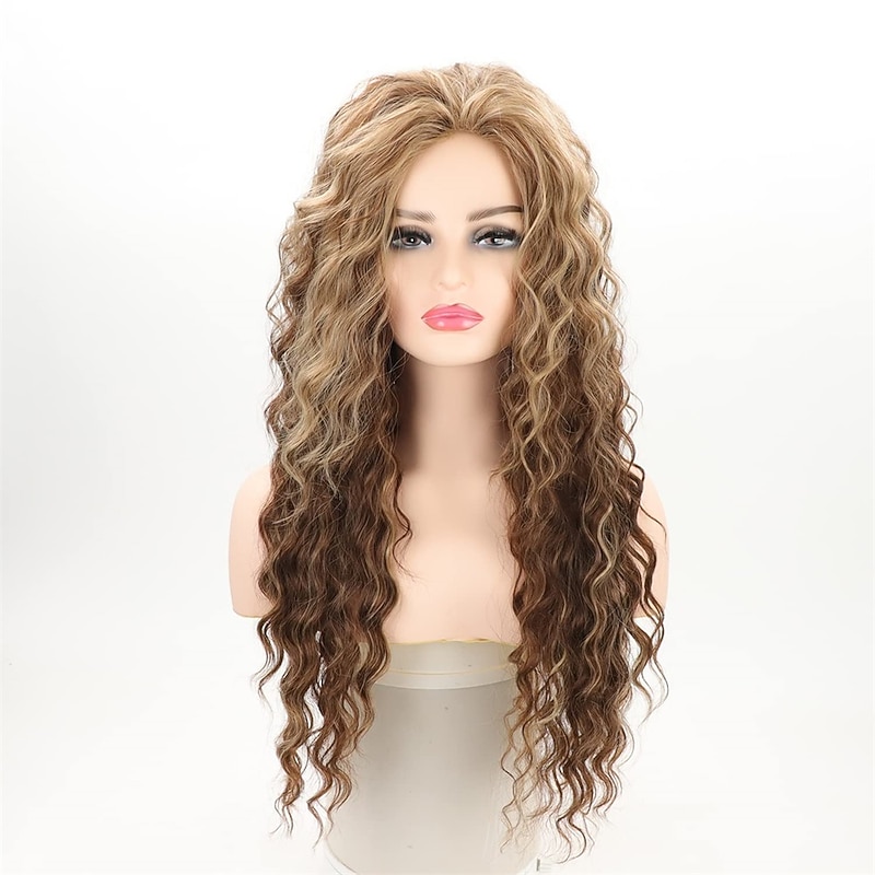 Brown Highlights Long Curly Wigs for Women Heat Resistant Synthetic Hair Brown Mixed Blonde Wave Curly Wig2