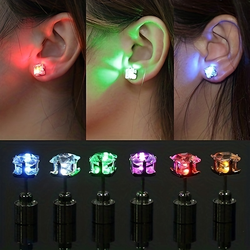 2PCS LED Earring Light Up Crown Glowing Crystal Stainless Ear Drop Ear Stud Earring Jewelry