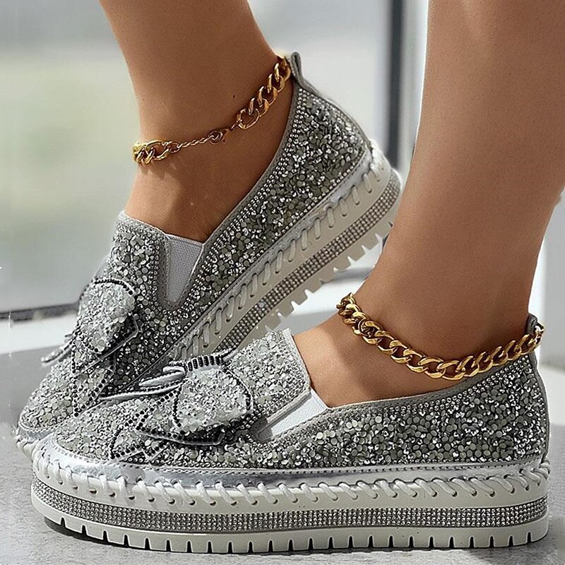 Women's Sparkly Rhinestone Slip-On Sneakers – Glitter Bow Platform Loafers for Party, Casual & Streetwear Fashion4