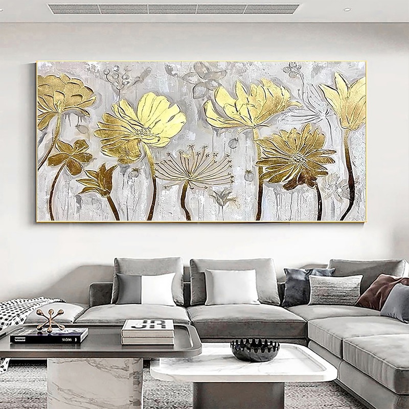 Handmade Oil Painting Canvas Wall Art Decor Original Gold Leaf Floral Art Painting for Home Decor With Stretched Frame/Without Inner Frame Painting3