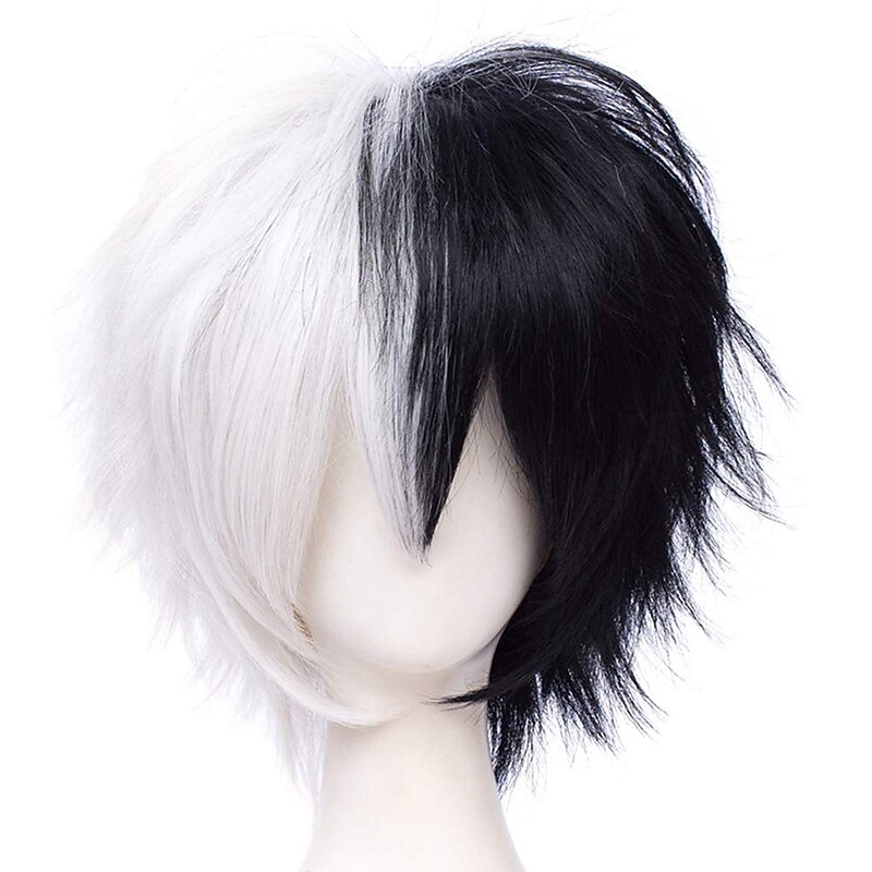 Unisex Anime Short Black and White Cosplay Wig With Bangs Heat Resistant Hair for Party Carnival Costume