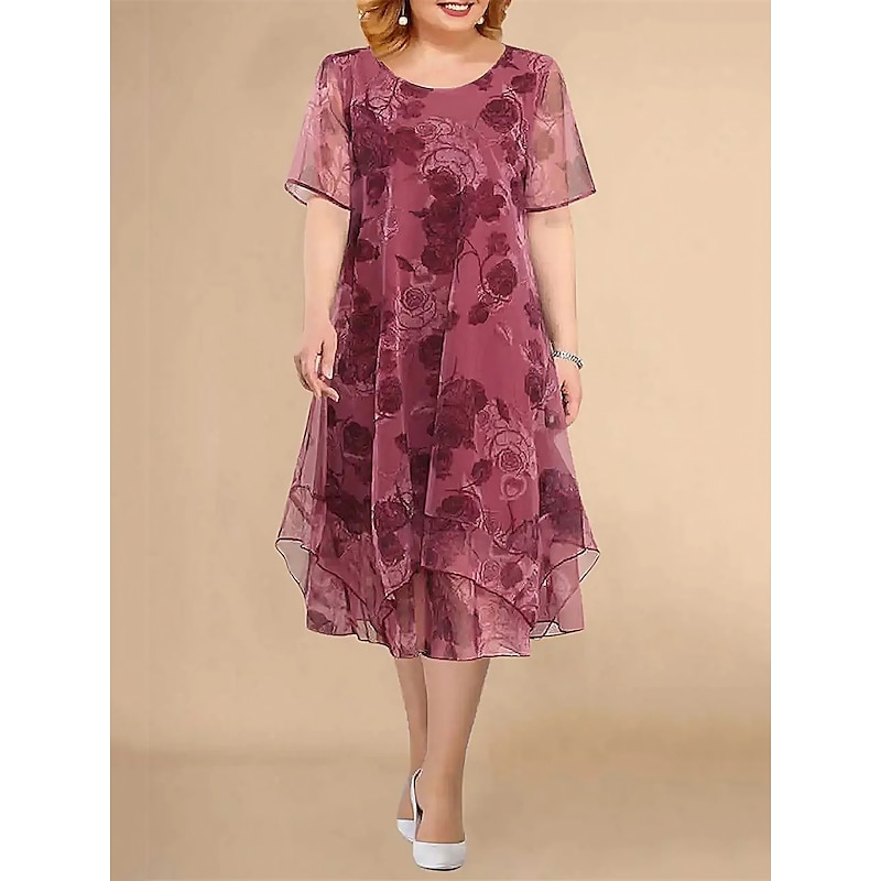 Women's Plus Size Party Dress Cocktail Dress Wedding Guest Dress Chiffon Mesh Layered Crew Neck Short Sleeve Floral Midi Dress Wedding Guest Cocktail Party Wine Blue Summer Spring