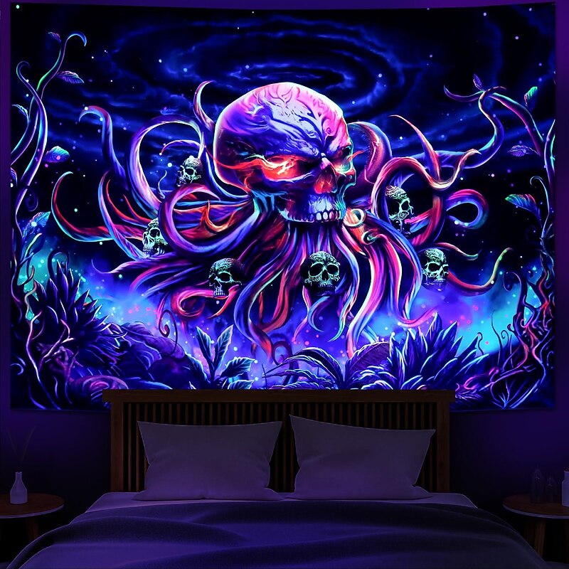 Skull Octopus Blacklight Tapestry UV Reactive Trippy Undersea Skeleton Hanging Tapestry Wall Art Mural for Living Room Bedroom  Decorations