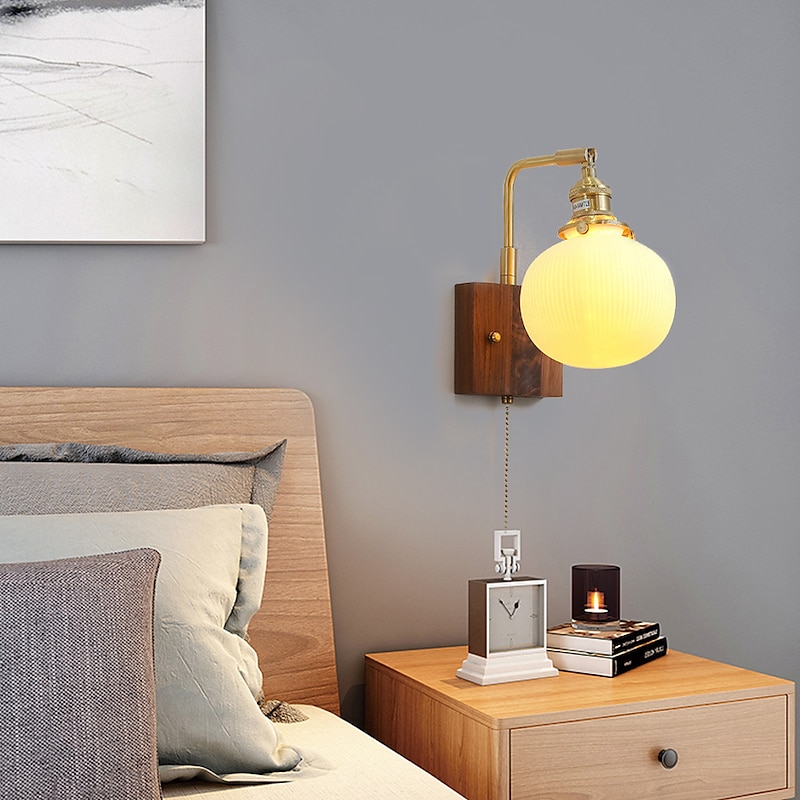 Lightinthebox Ceramic Wall Sconce Small Wall Lamp, Rustic Walnut Wood Wall Mount Light, Vintage Headboard Lamp, Indoor Lighting Fixture for Bedroom Living Room Dining Room Hallway 110-240V2