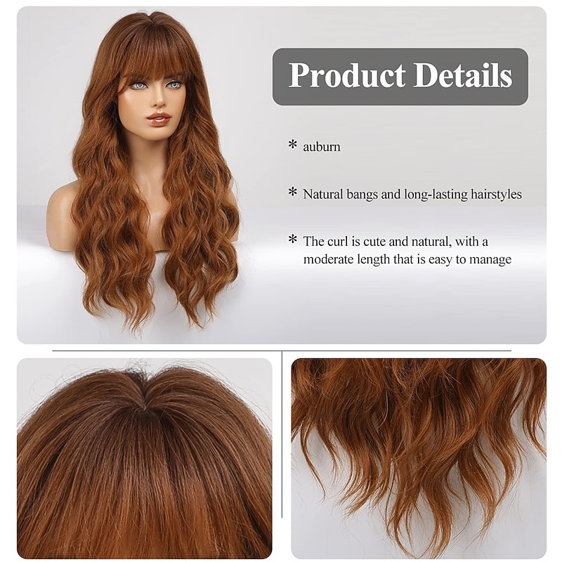 Ombre Auburn Wig with Bangs Long Curly Wig with Bangs orange wig Natural Appearance Heat-Resistant Synthetic Wig Suitable for Fashionable Women3