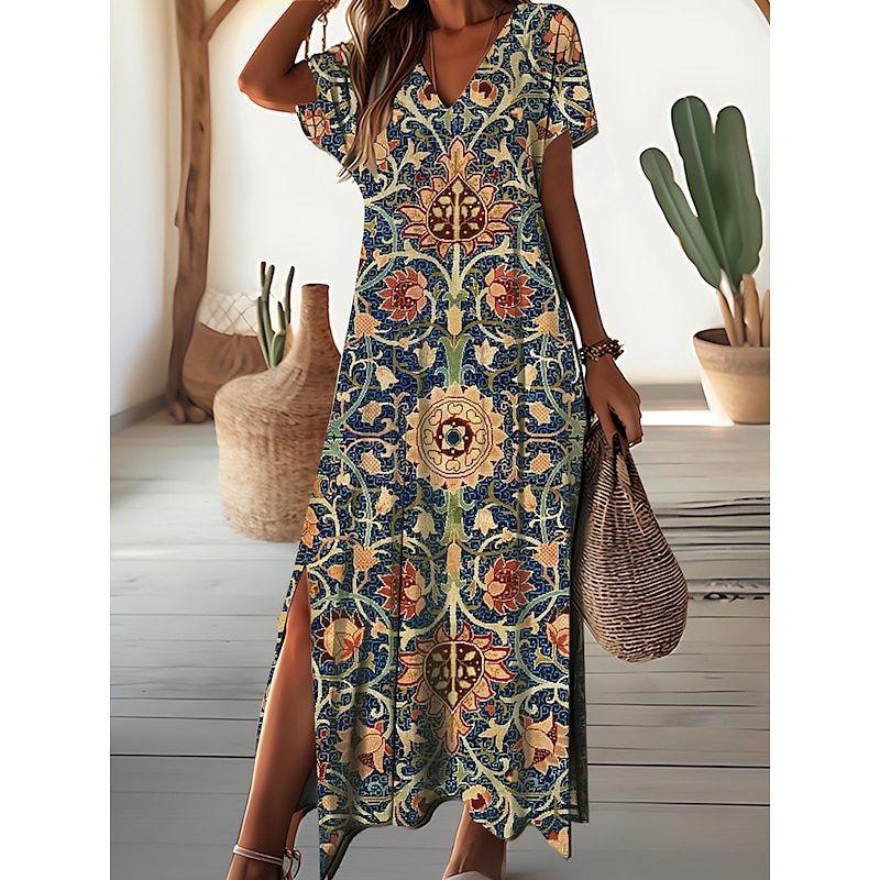 Women's Maxi Dress Floral Ditsy Floral Split Print V Neck Daily Vacation Short Sleeve Summer Spring3