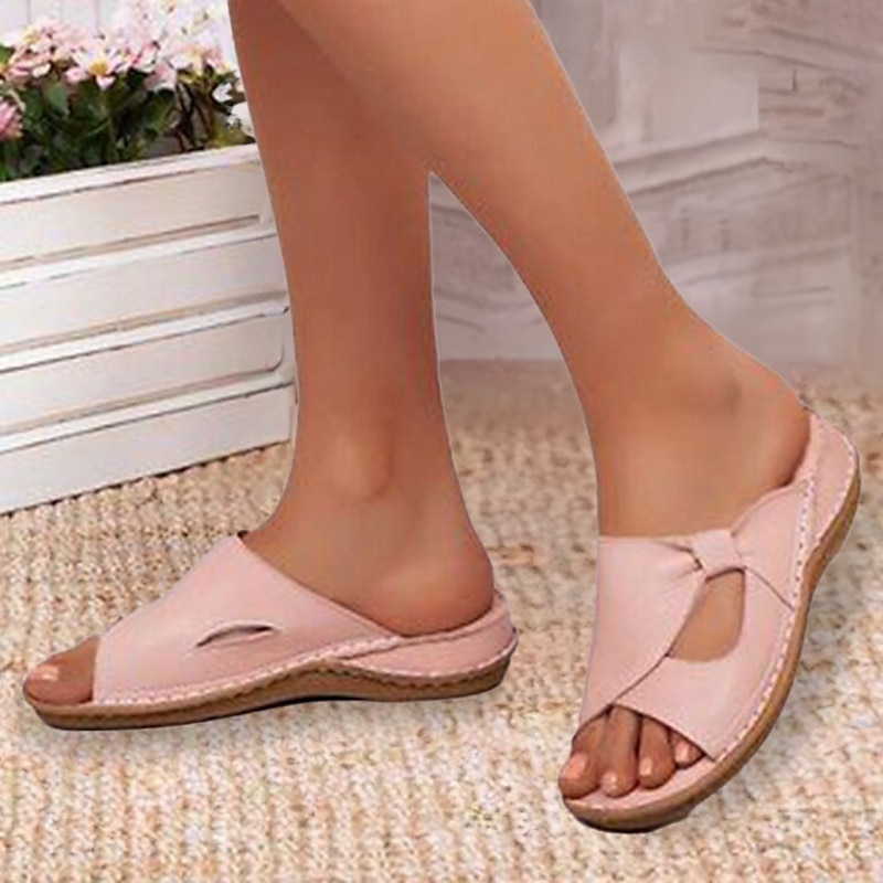 Women's Casual Pink Open-Toe Slip-On Sandals with Bow Accent – Lightweight Summer Flats for Everyday Wear