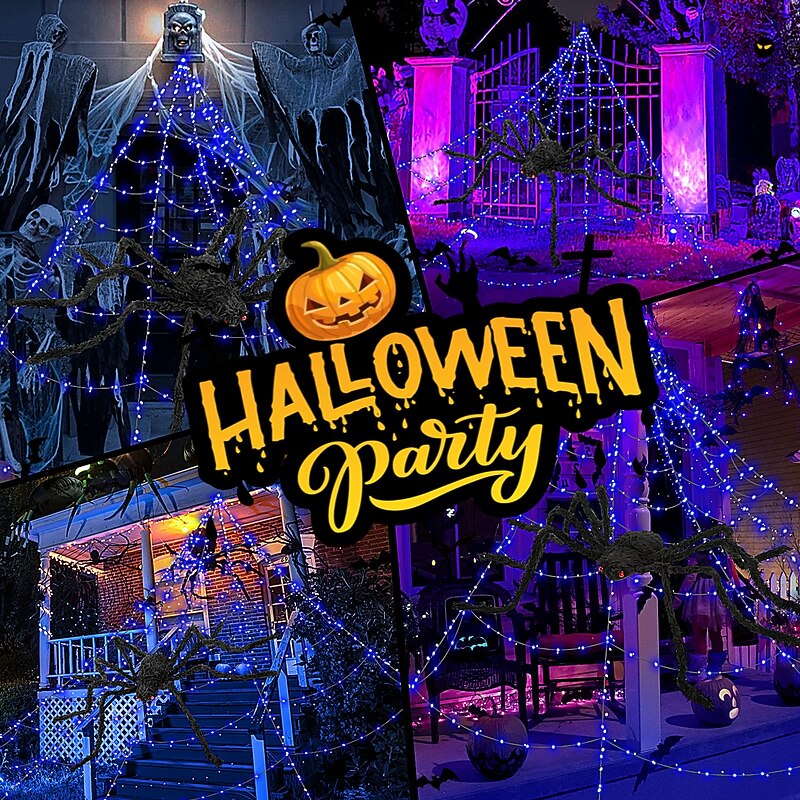 Halloween Decorations Huge Spider Web Lights Up with 400 LED Purple Lights Spider Webs for Halloween Decoration Indoor and Outdoor Party Haunted House Decorations3