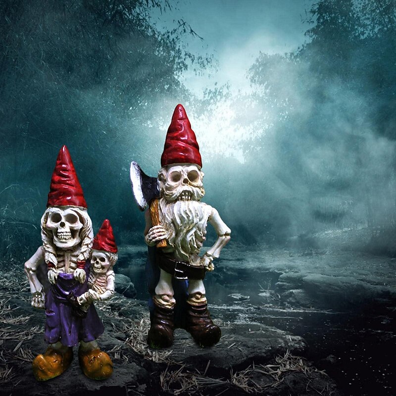 2pcs Halloween Skeleton Gnomes Resin Zombie Gnome Statues Skeleton Dwarf Ornament Horror Skull Elf Dwarf Figurines for Lawn Front Porch Halloween Decorations Table Decor2