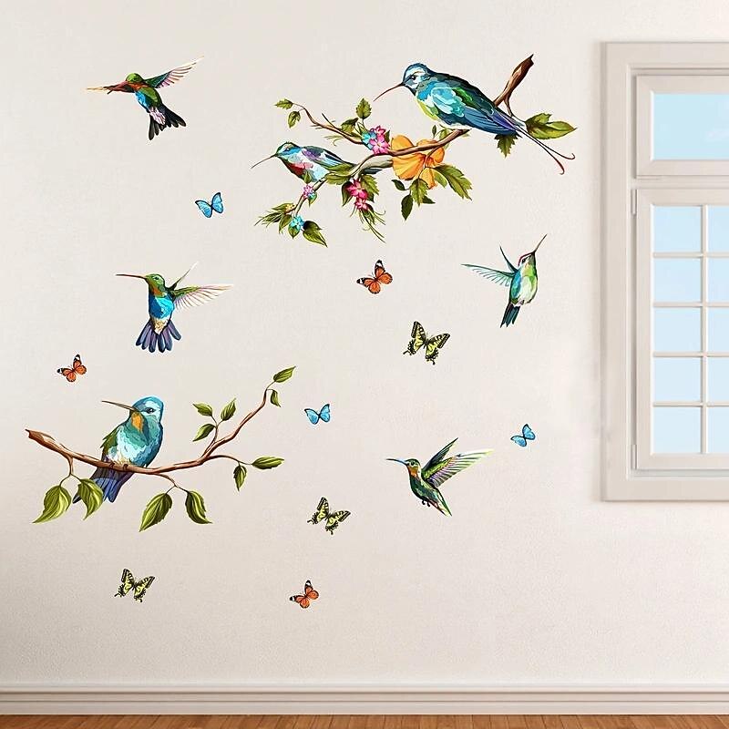 1 Set Of Hummingbird Wall Decals, Peel And Stick, Bird Flower Wall Stickers Decor, Butterfly, Plant Vinyl Glass Wall Decals For Home, Removable Stickers For Bedroom, Window3
