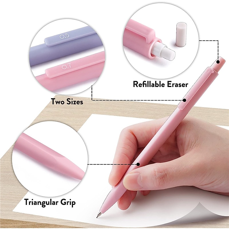 Mechanical Pencil Set, 6PCS Pastel Mechanical Pencils 0.5mm & 0.7mm with 216PCS HB Pencil Leads and 3PCS Erasers, Aesthetic Mechanical Pencils for Girls Writing3