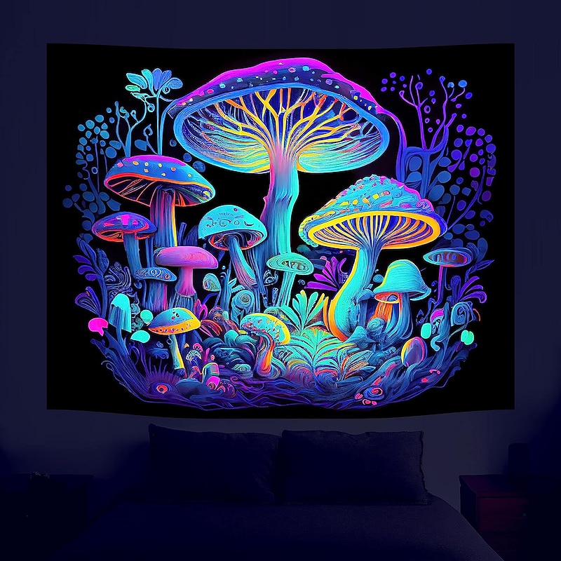 Blacklight Tapestry UV Reactive Glow in the Dark Glow Party Neon Mushrooms Psychedelic Trippy Misty Hanging Tapestry Wall Art Mural for Living Room Bedroom2