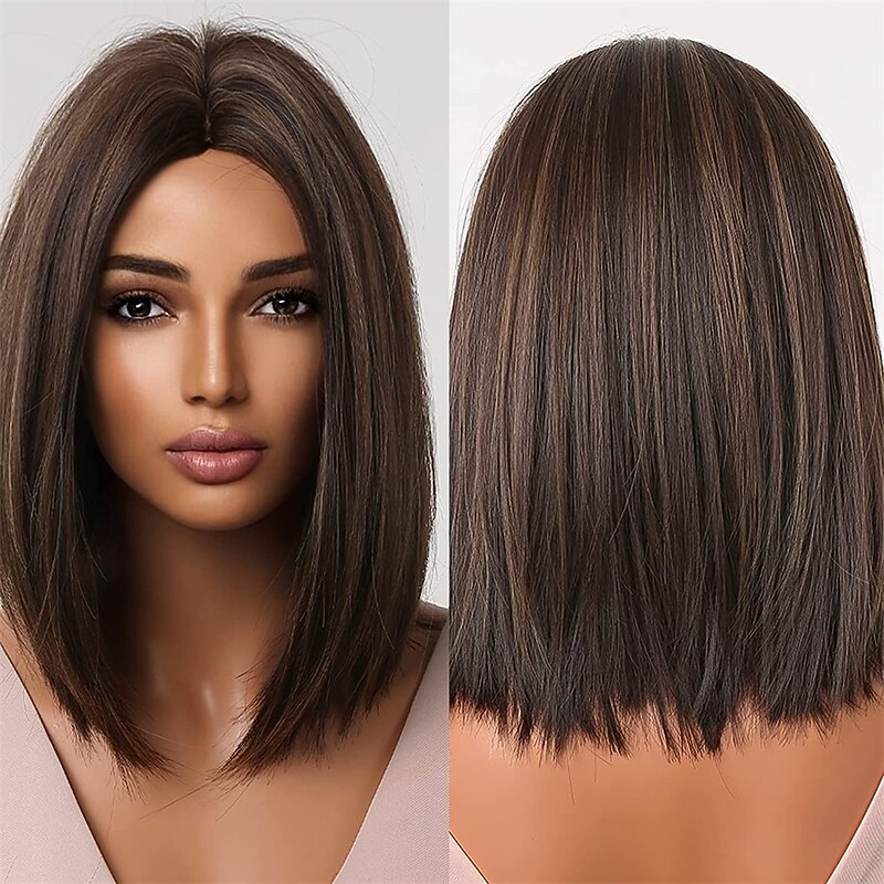 Brown Bob Wigs for Women Blonde Highlights Short Straight Synthetic Hair Middle Part Wig