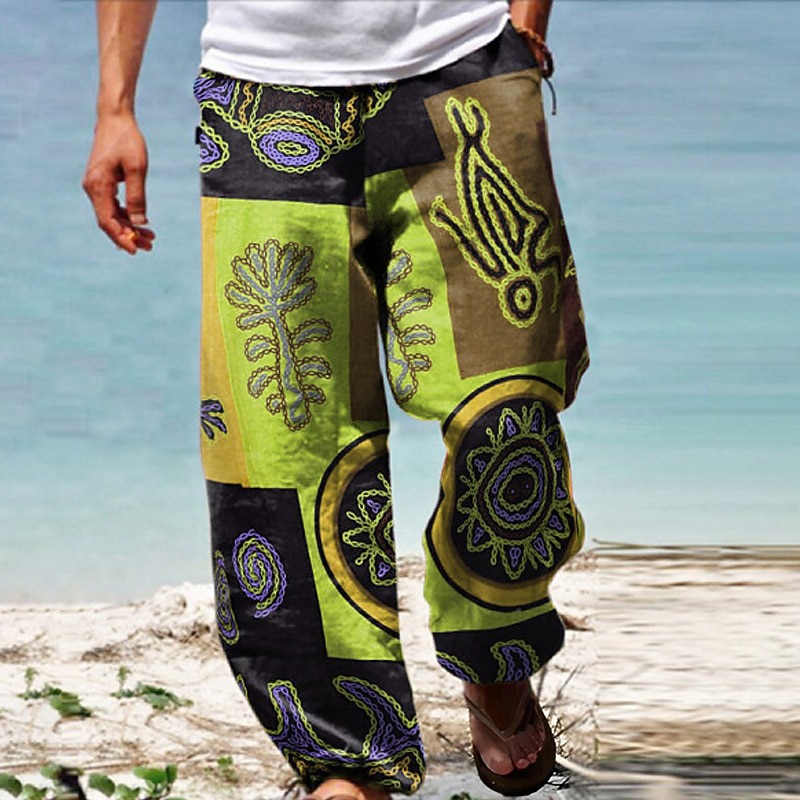 Men's Trousers Summer Pants Baggy Beach Pants Drawstring Elastic Waist Graphic Patchwork Comfort Breathable Daily Beach Fashion Casual Yellow Blue Micro-elastic2