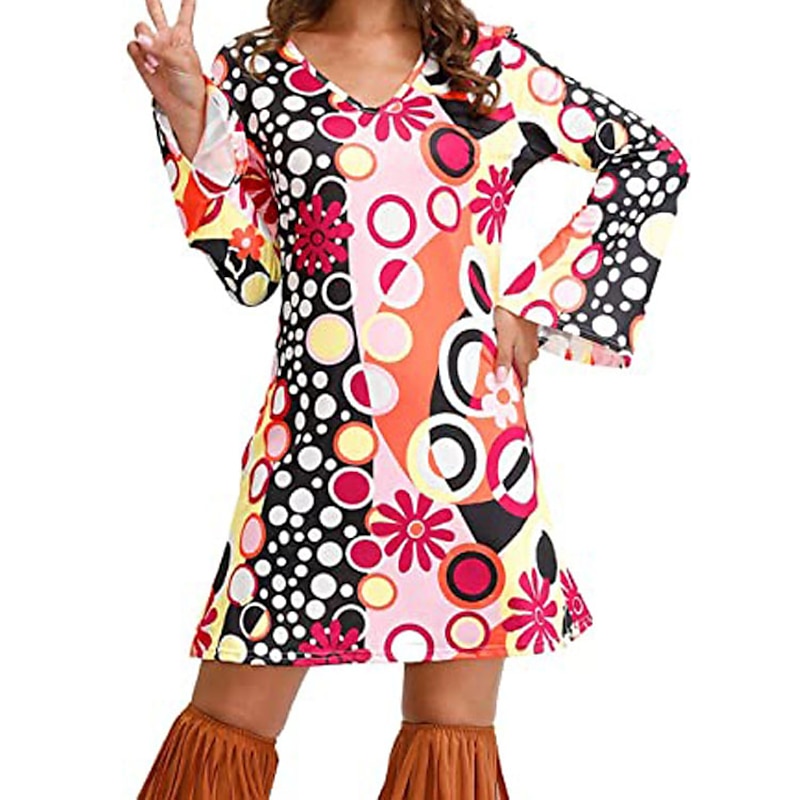 Retro Vintage 1970s Disco Dress 70s Fancy Dress Women 70s Outfits Flare Cuff Sleeve Hippie Printing Fancy Dress Women's Masquerade Party / Evening Pride Parade Pride Month Adults' Dress2