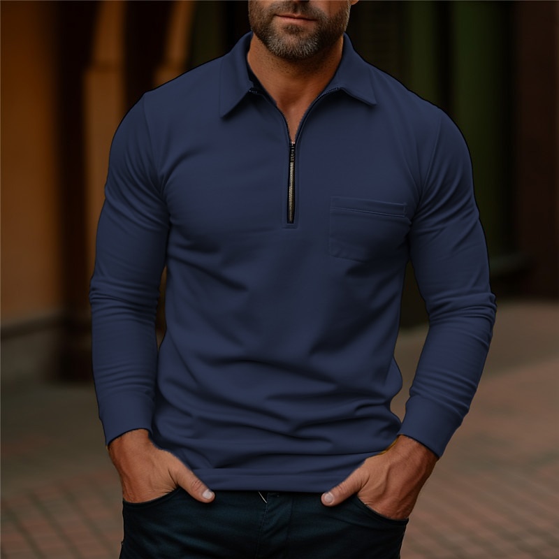 Men's Polo Shirt Quarter Zip Polo Work Daily Wear Lapel Long Sleeve Fashion Comfortable Plain Pocket Zip Up Summer Spring Regular Fit Yellow Navy Blue Dark Grey Army Green Polo Shirt3