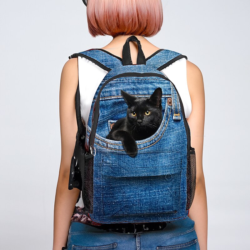 3D Cat Print Denim Backpack for Kids – Cute Animal School Bag with Large Capacity and Fun Design for Boys and Girls2