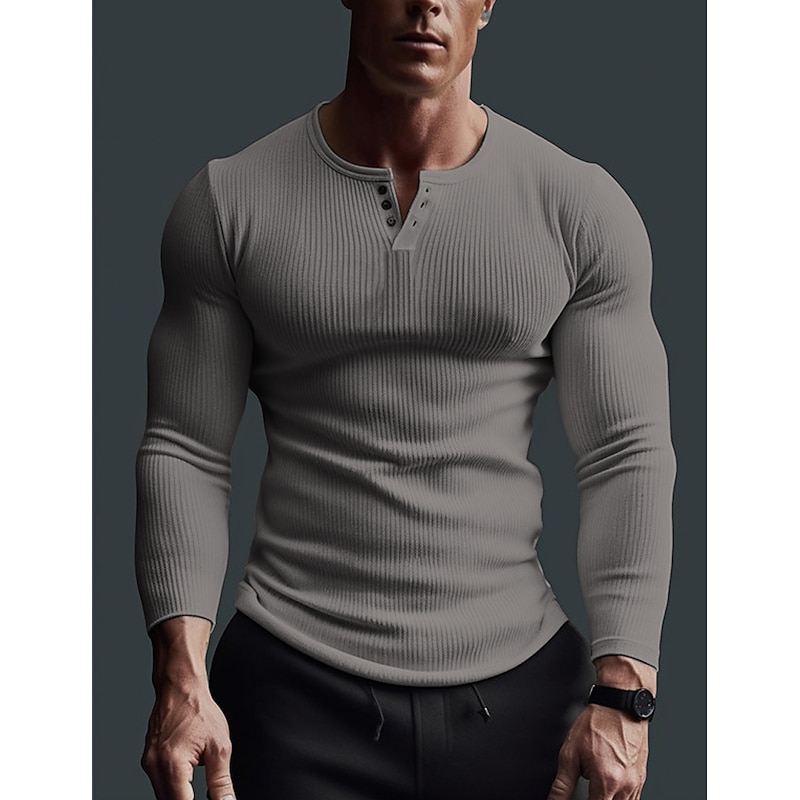 Men's Henley Shirt Muscle Shirt Ribbed Knit tee Tee Top Long Sleeve Shirt Long Sleeve Plain Pit Strip Fashion Designer Basic Henley Vacation Street Going out Summer Black White Dark Gray Henley3