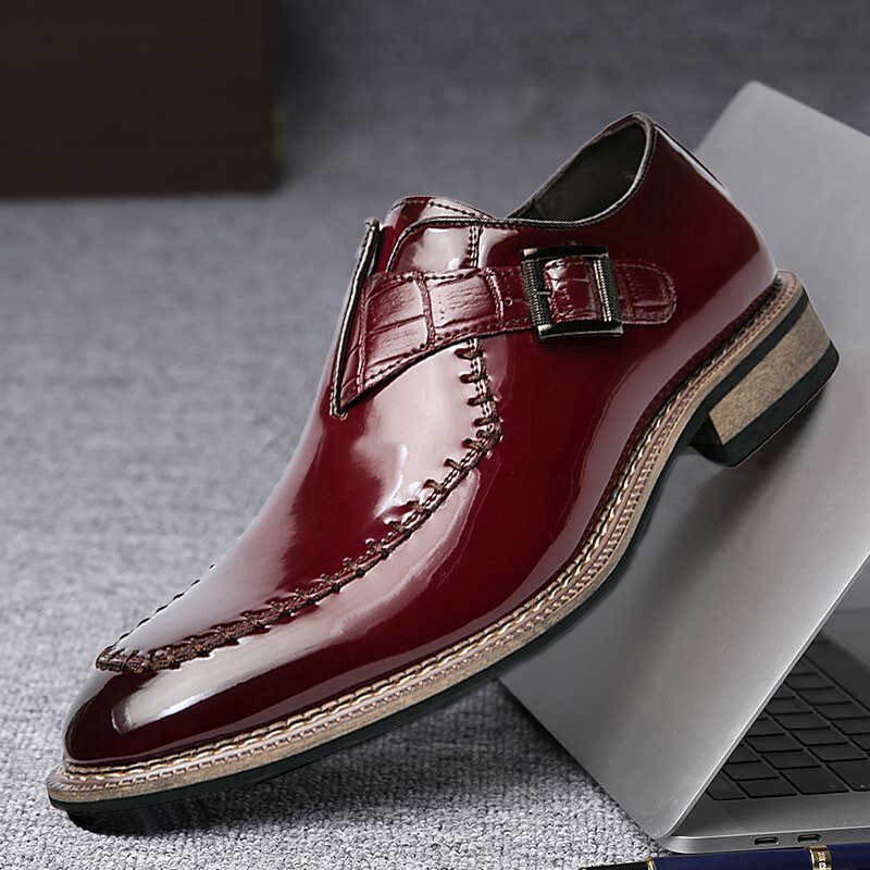 Men's Burgundy Patent Faux Leather Oxfords Dress Shoes with Buckle - Elegant Formal Shoes for Weddings and Business Events 2025 - $54.99