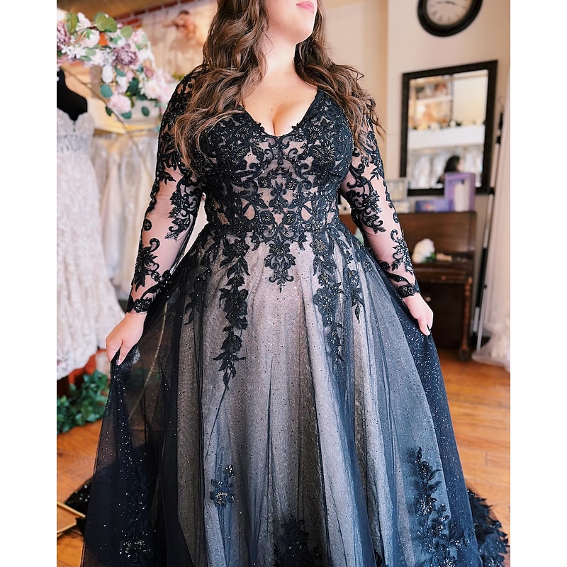 A-Line Evening Gown Black Dress Formal Wedding Court Train Sleeveless V Neck Fall Wedding Reception Tulle with Slit Appliques3