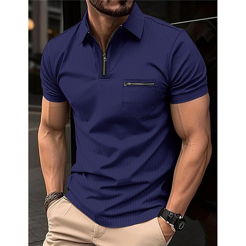 Men's Waffle Polo Shirts Polo Shirts Outdoor Sports Lapel Quarter Zip Short Sleeve Fashion Modern Plain Zipper Pocket Summer Regular Fit Black White Navy Blue Beige Gray Waffle Polo Shirts2