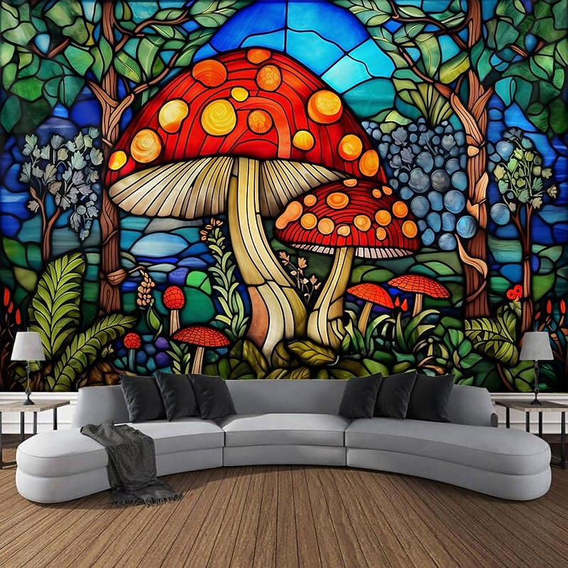Stained Glass Mushroom Hanging Tapestry Wall Art Large Tapestry Mural Decor Photograph Backdrop Blanket Curtain Home Bedroom Living Room Decoration4