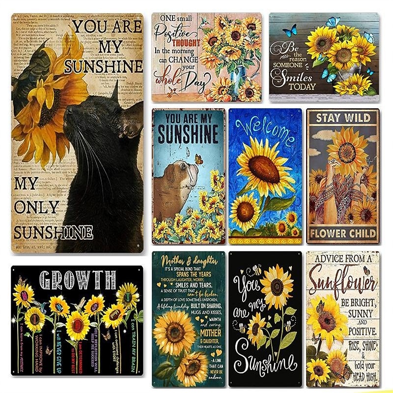 1pc Retro Metal Tin Sign Cat Sunflower Tin Sign Vintage Home Wall Decor, Painting Wall Hanging for Home Decor Wall Art Metal Tin Sign 20x30cm/8''x12''