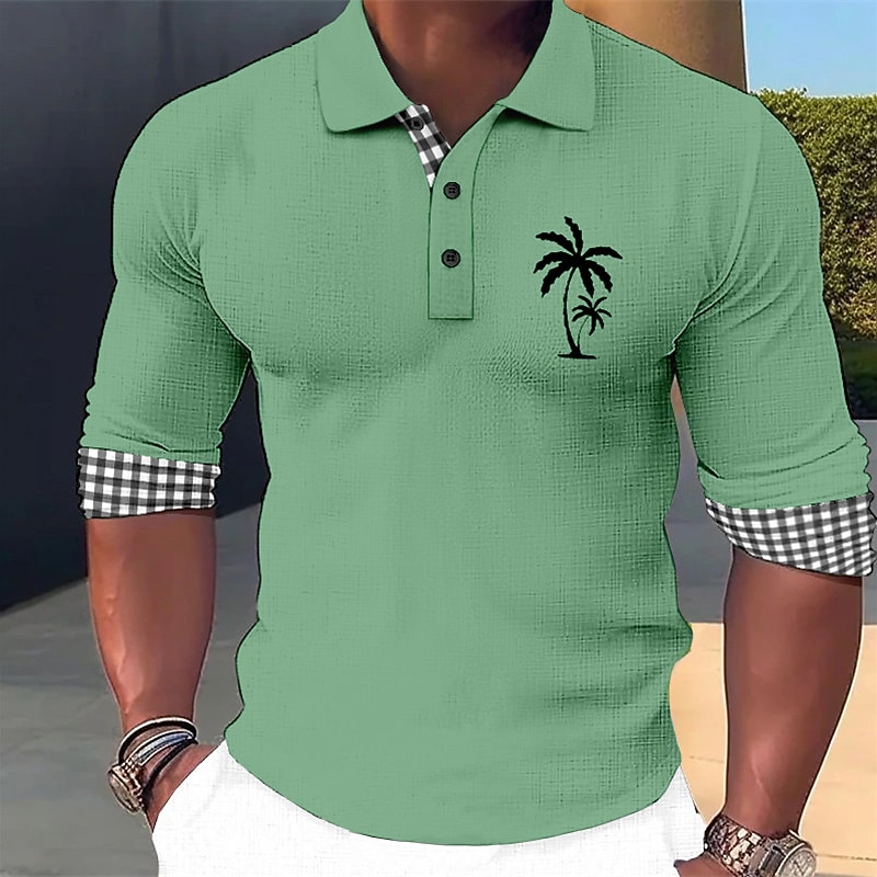 Kentucky Derby Men's Plaid Palm Tree Hawaiian Polo Shirts Golf Shirt Long Sleeve Polo Shirts Collared Shirts Casual Beach Wear Vacation Wear Tropical Wear Party Outfits 3D Print Buttons White Pink3