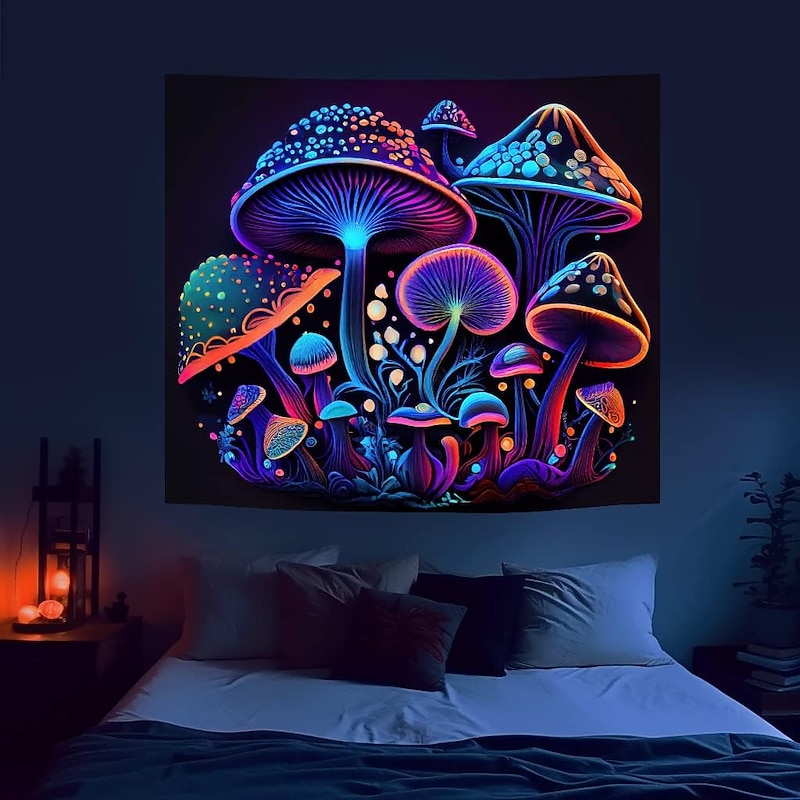 Blacklight Tapestry UV Reactive Glow in the Dark Glow Party Neon Mushrooms Psychedelic Trippy Misty Hanging Tapestry Wall Art Mural for Living Room Bedroom3