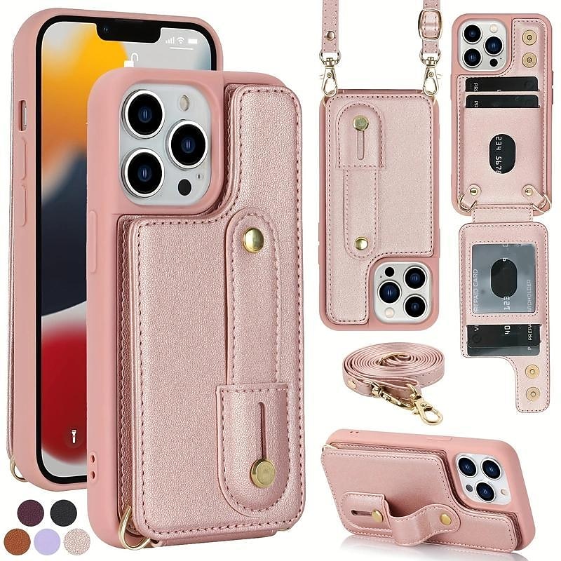 Phone Case For iPhone 17 Pro Max 17 Air 16 15 14 Pro Max Plus 13 12 11 Pro Max Back Cover Wallet Case with Stand Holder with Lanyard with Wrist Strap Solid Color TPU PU Leather2