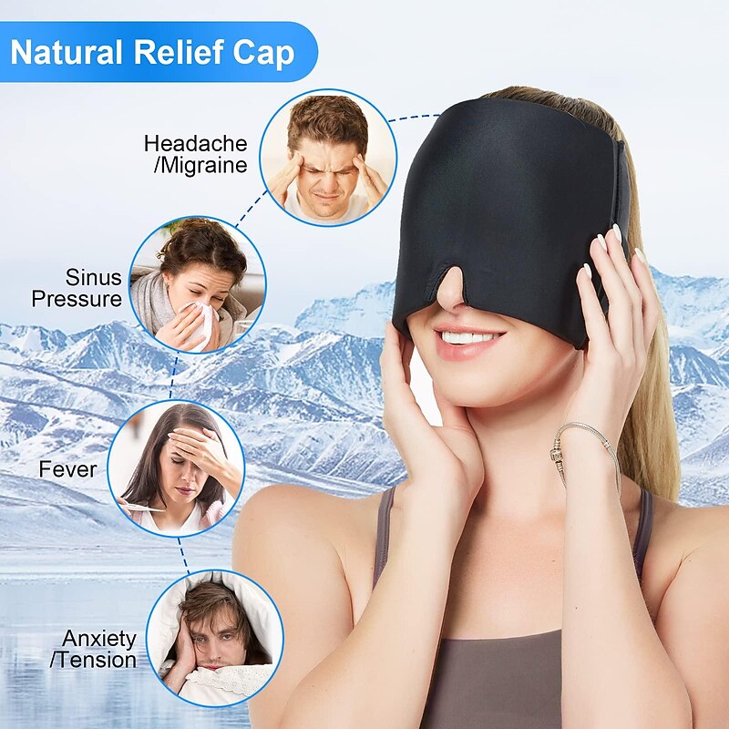 Headache Relief Ice Hat Flexible Gel Cold Compress Cap for Soothe Pain Sinus Pressure Tension Physical Calming Compressed Cooling Head Wrap for Puffy Eyes Travel Ice Pack Sleep Eye Mask2