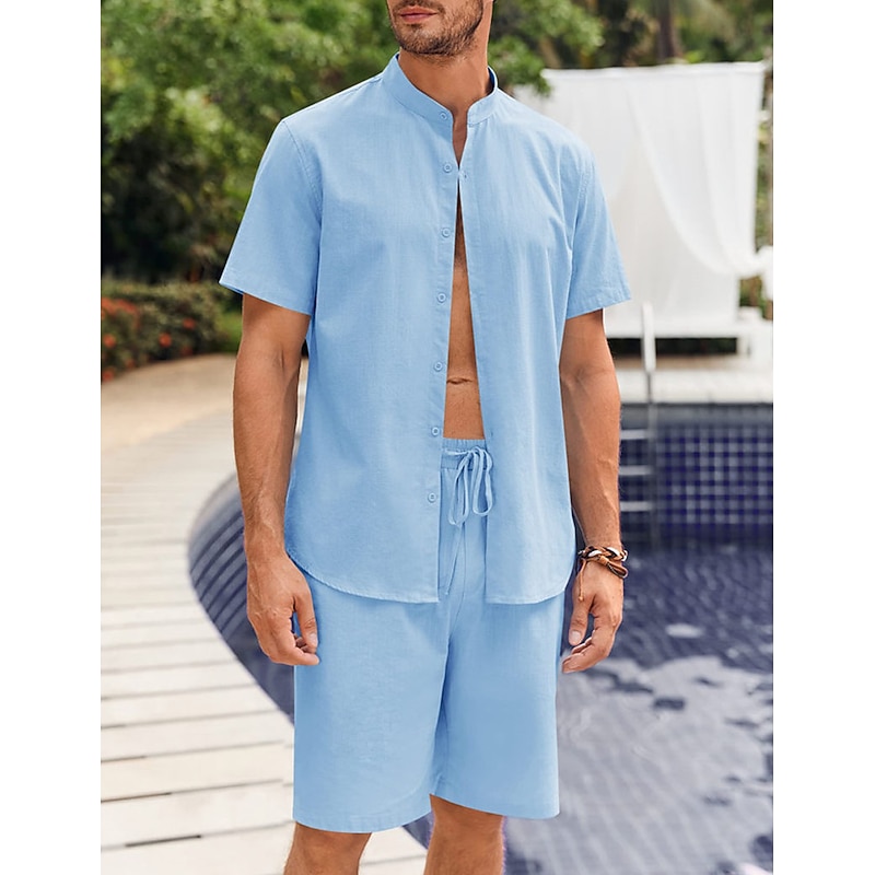 Men's 2 Piece Shirt Set Button Up Shirt Casual Shirt Summer Shirt Black White Blue Gray Short Sleeve Plain Collar Daily Vacation Clothing Apparel Fashion Casual Comfortable2