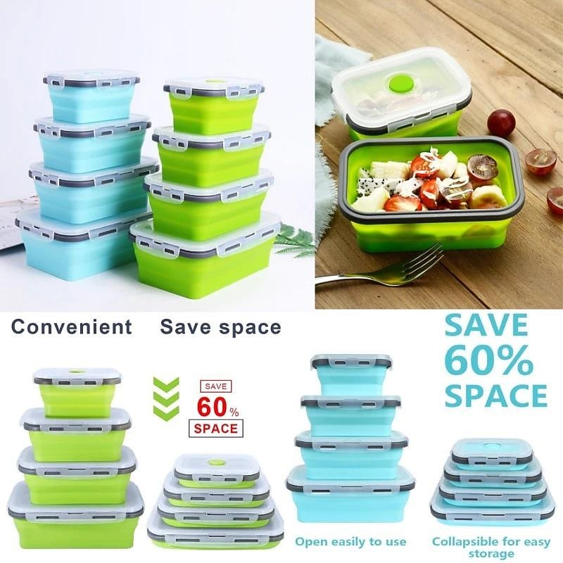Square Silicone Crisper Refrigerator Outdoor Portable Lunch Box Retractable Folding Silicone Lunch Box Set
