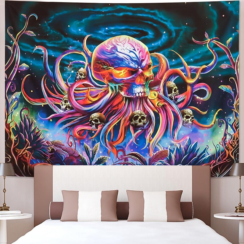 Skull Octopus Blacklight Tapestry UV Reactive Trippy Undersea Skeleton Hanging Tapestry Wall Art Mural for Living Room Bedroom  Decorations4