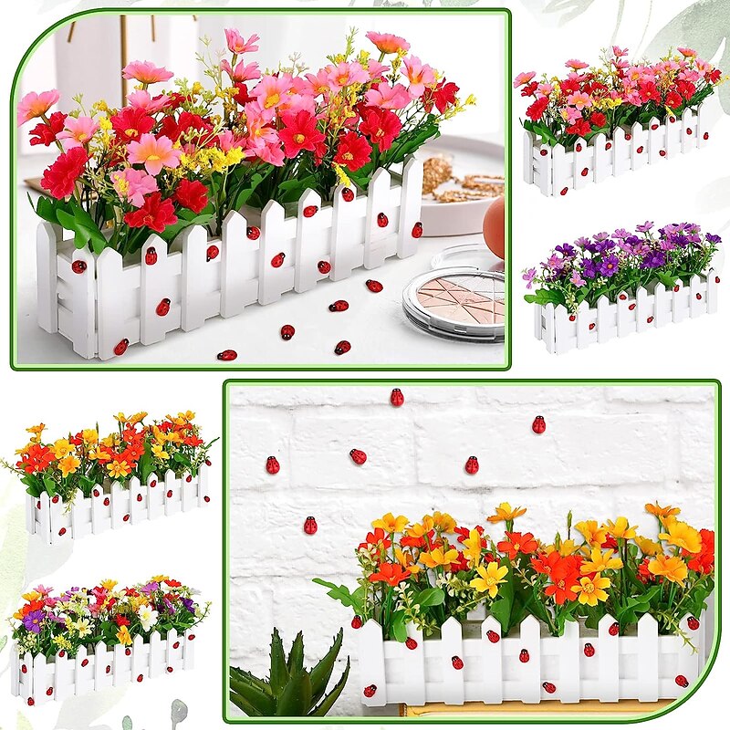 Artificial Flower Plants - Mixed Color Daisies In Picket Fence Pot For Indoor Office Wedding Home Decor,Fake Flowers For Wedding Arch Garden Wall Home Party Hotel Office Arrangement Decoration3