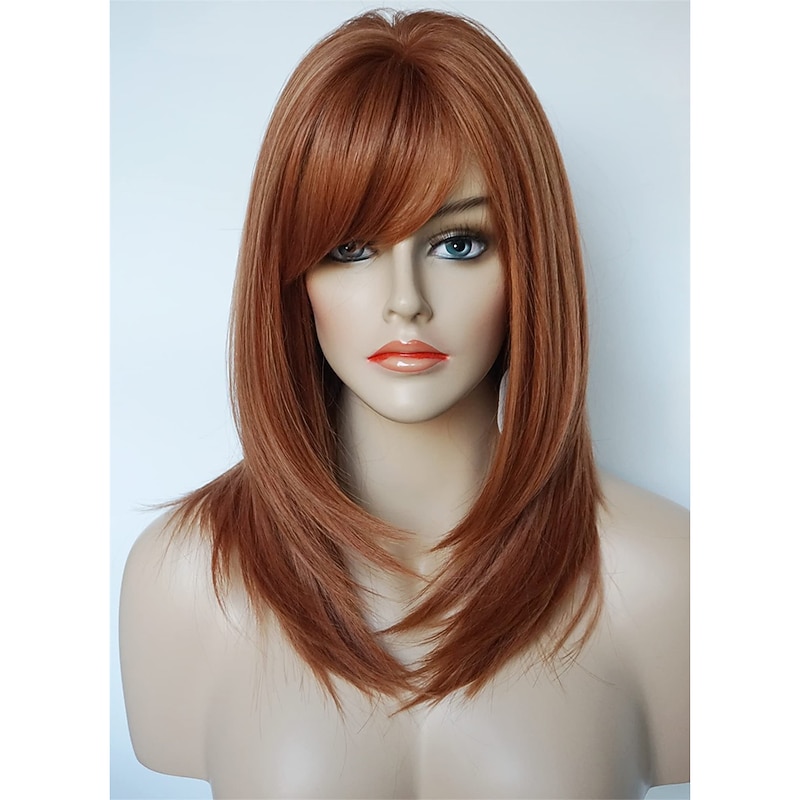 Medium Length wig for women Copper wig Ginger wig Layered wig with bangs Synthetic wig Highlight for white Women