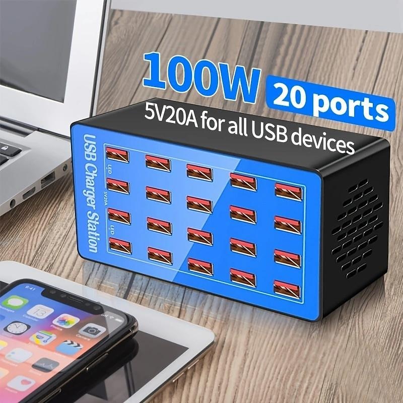 USB Charger Station 100W5V20A 20-Port Fast Charging Socket Multi-port Multi-function Universal Fast Adapter for Multiple Devices Smart Mobile Phone Tablet Laptop Computer Camera Headphone