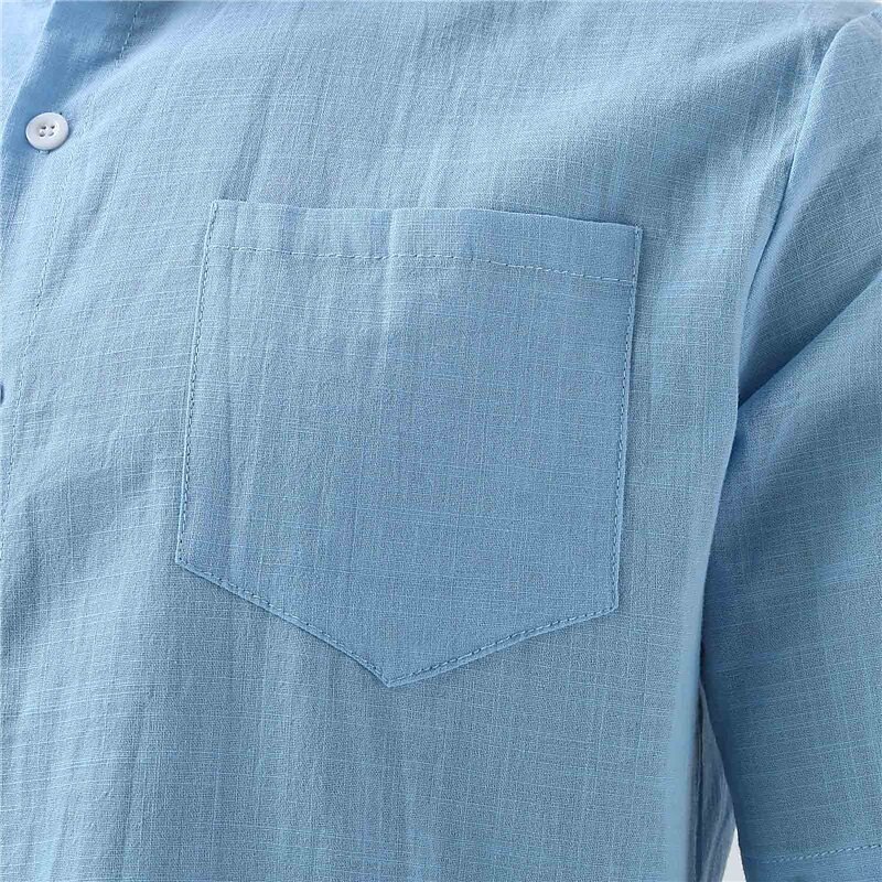 Men's Shirt Chinese Collar Shirt Mandarin Collar Shirt Summer Shirt Casual Shirt Beach Shirt White Navy Blue Sky Blue Green khaki Short Sleeve Plain Grandad Collar Band Collar Vacation Daily Front3