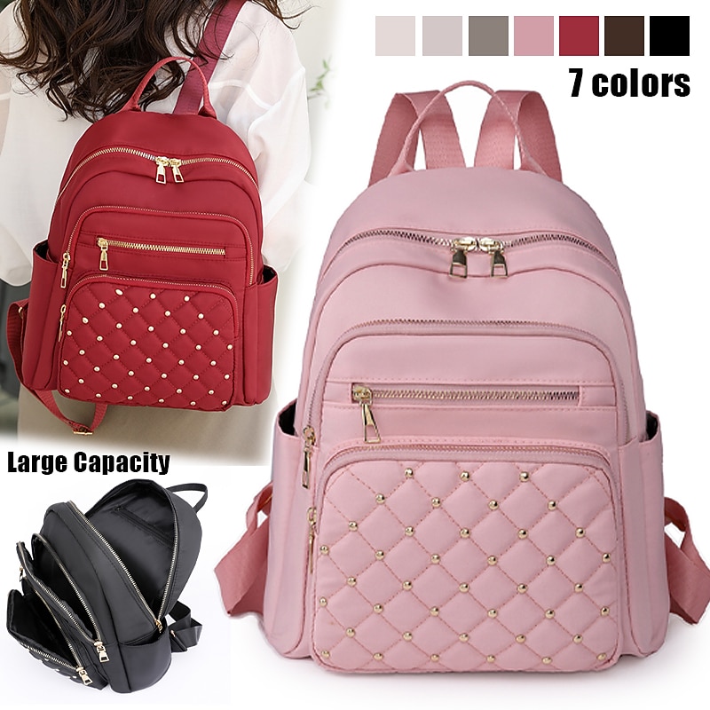 Women's Beige Quilted Backpack with Gold Studs – Stylish Oxford Cloth School Bag for Travel, Work & Daily Use