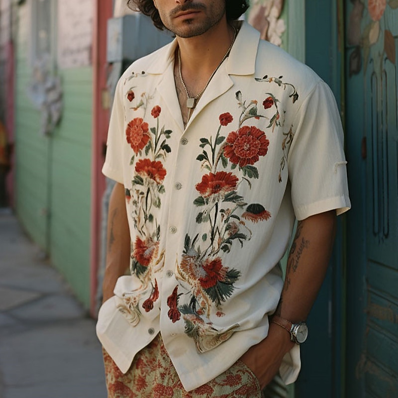 Men's Floral Shirt Button Up Shirt Short Sleeve Sports Fashion Streetwear Outdoor Casual Holiday Summer Spring Cuban Collar Print White Yellow Wine Red3