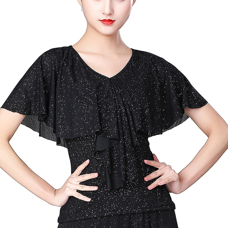 Latin Dance Ballroom Dance Top Ruffles Splicing Sequins Women's Performance Training Short Sleeve Spandex