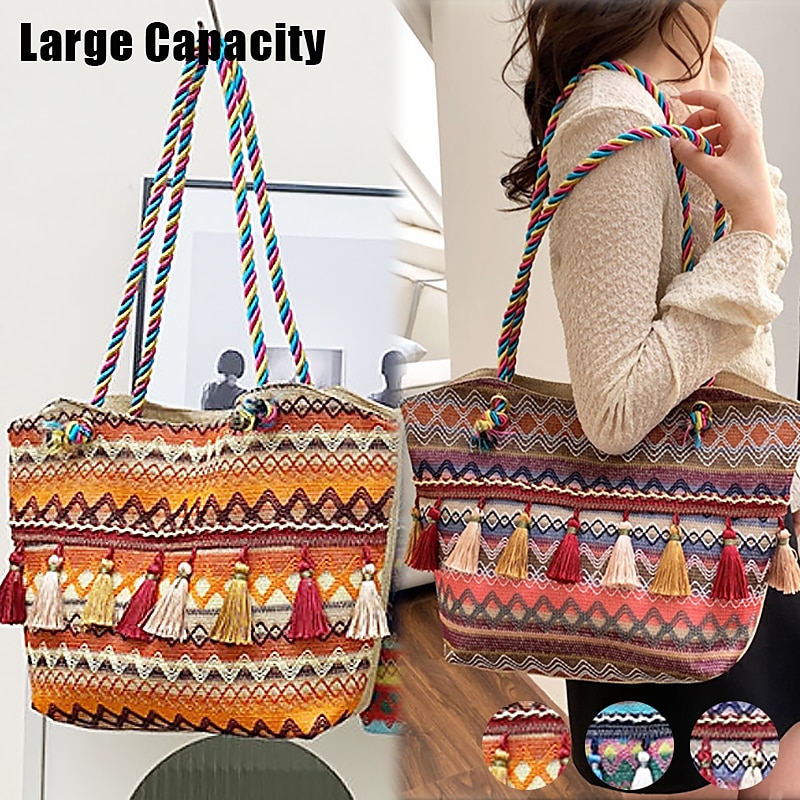 Bohemian Embroidered Canvas Tote Bag – Colorful Tassel Shoulder Handbag for Women, Casual Beach Travel Bag