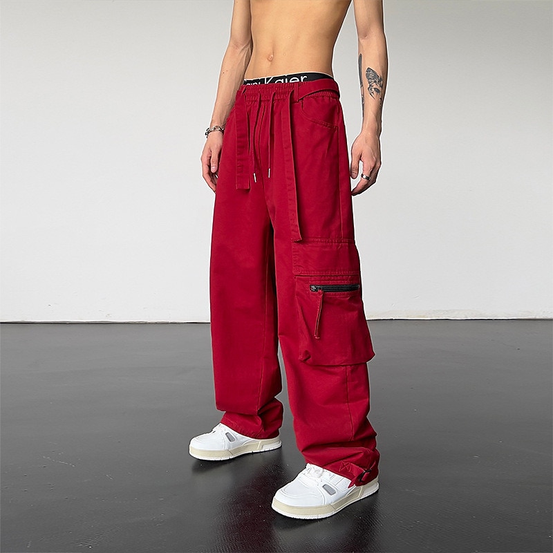 Men's Cargo Pants Trousers Drawstring Elastic Waist Straight Leg Plain Comfort Breathable Casual Daily Holiday Sports Fashion Black Red2