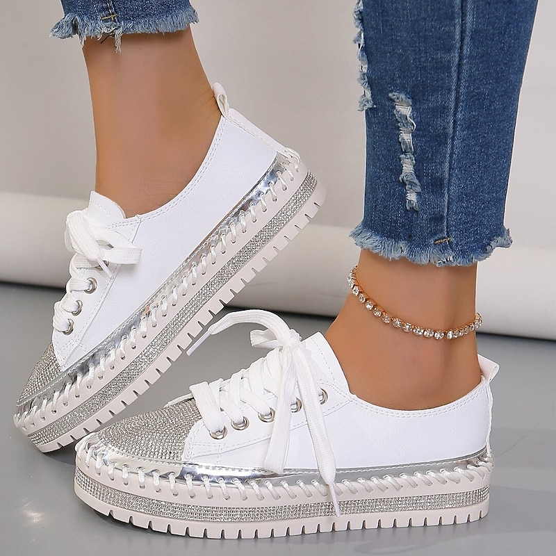 Women's Sneakers Flats Bling Bling Shoes Plus Size Platform Sneakers Party Outdoor Daily Solid Color Summer Rhinestone Flat Heel Round Toe Fashion Casual Minimalism PU Lace-up White Silver3