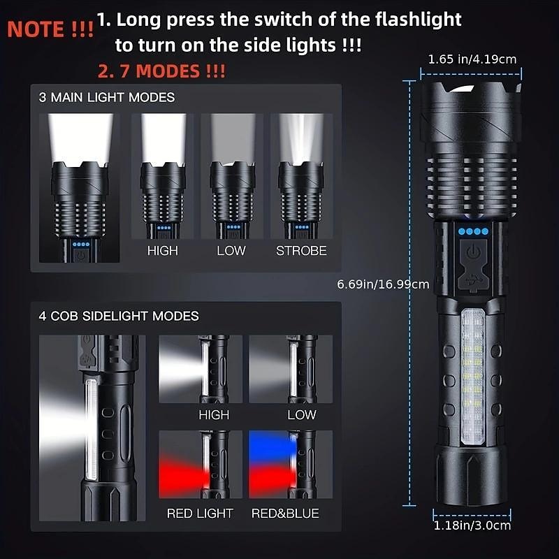 Super Bright Rechargeable Flashlight, LED Powerful Torch Zoomable Outdoor Adventures Flashlight White Laser Waterproof Outdoor Lighting Emergency Work Light Running Fishing Flood Light4